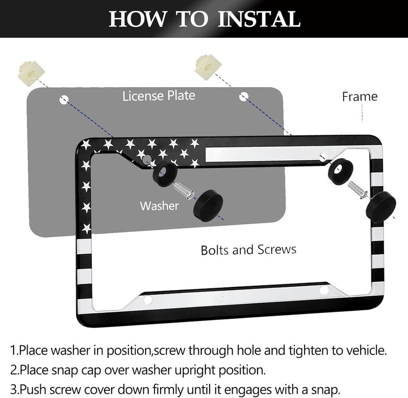 LIN KANG Black American Flag License Plate Frame - 2 PCS Patriotic US Flag Aluminum Metal License Plate Frames Holder Covers, Rust-Proof Waterproof Car Decorative Tag Frames for Standard Us 12x6 Inch - Image 3